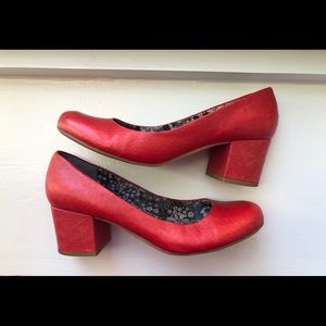 BC Cherry Red Block Heel Ostrich Look Leather